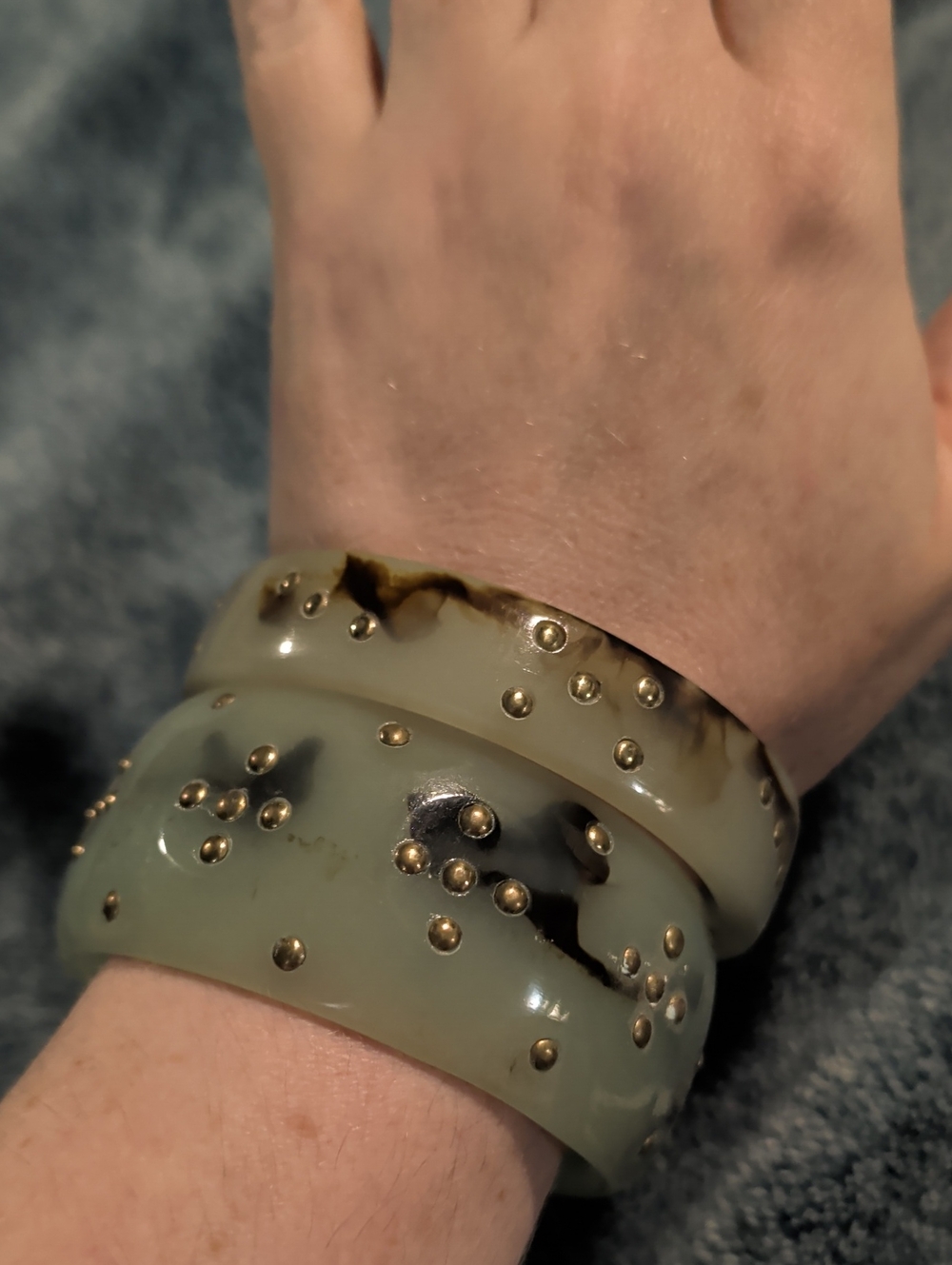 Green Marbled Resin Bangle Set with Gold Stud Detailing